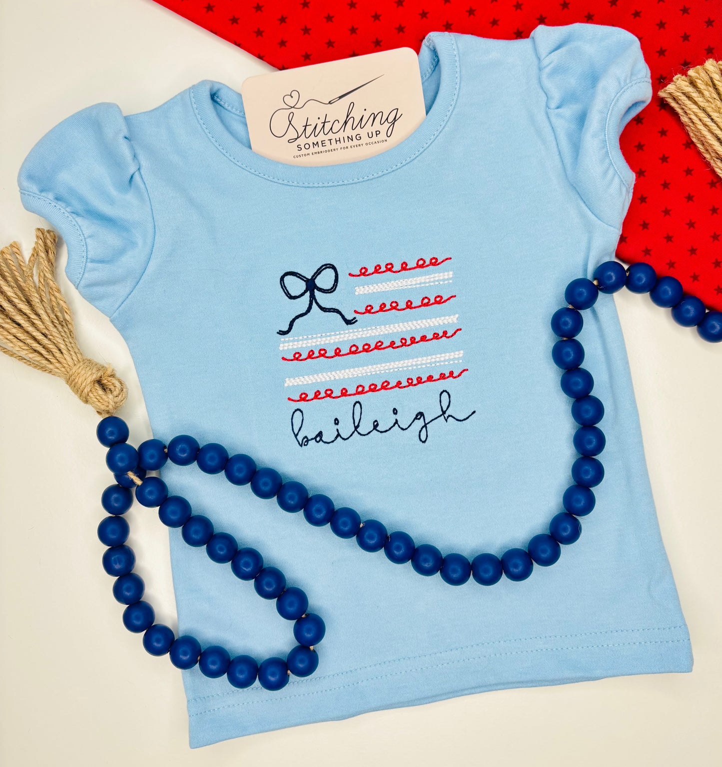 Girls Patriotic Scribble Flag Embroidered Shirt – Personalized 4th of July Top
