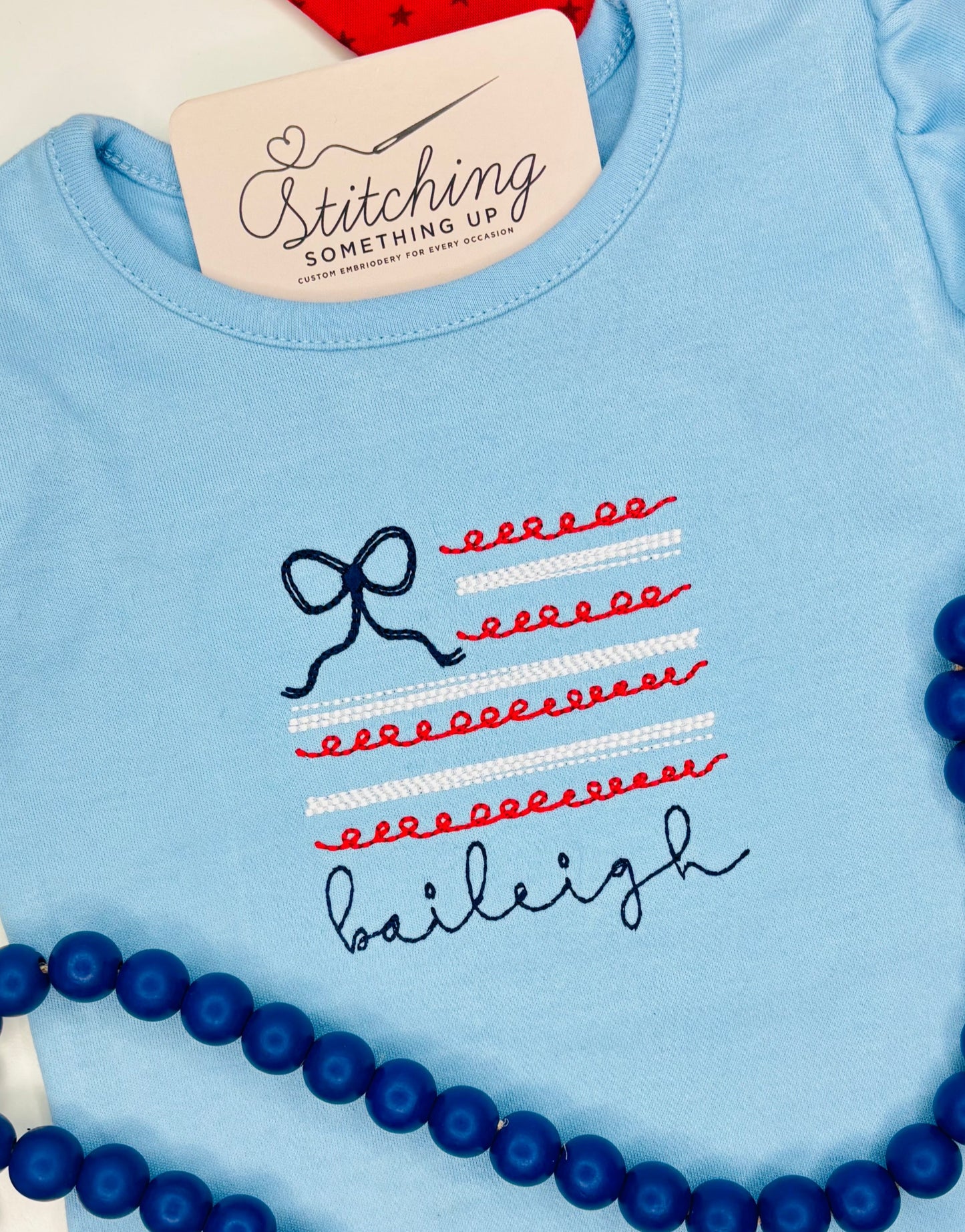 Girls Patriotic Scribble Flag Embroidered Shirt – Personalized 4th of July Top