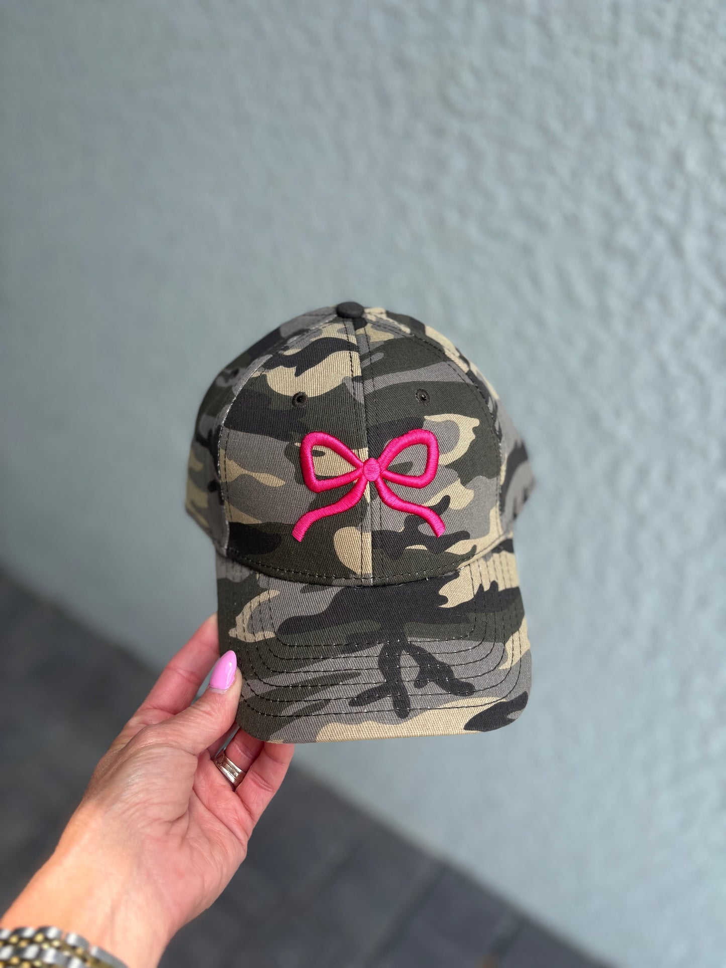 Camo Hat with 3D Puff Bow – Custom Embroidered in Any Thread Color