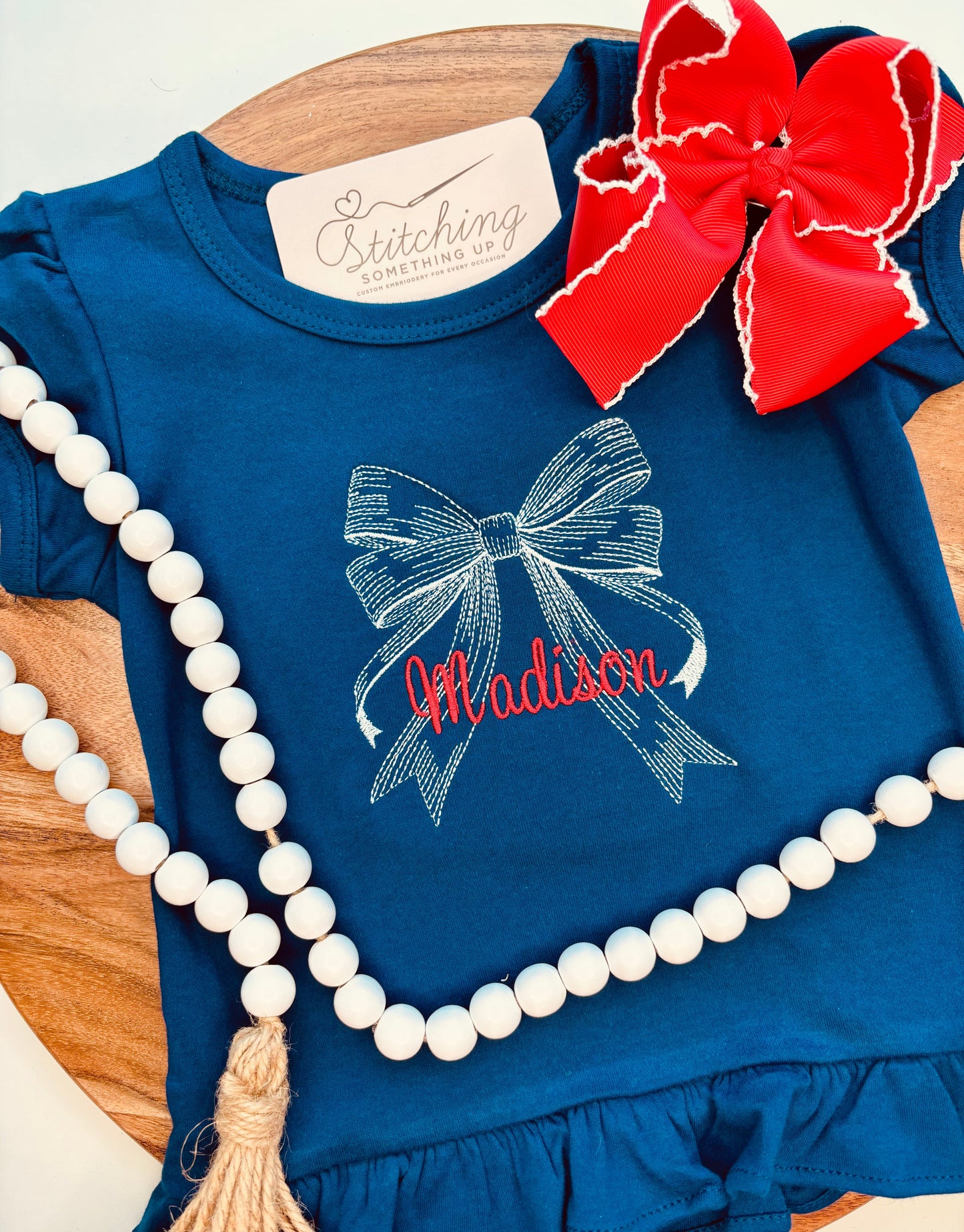 Girls Personalized Patriotic Bow Embroidered Shirt – Red, White & Blue 4th of July Top
