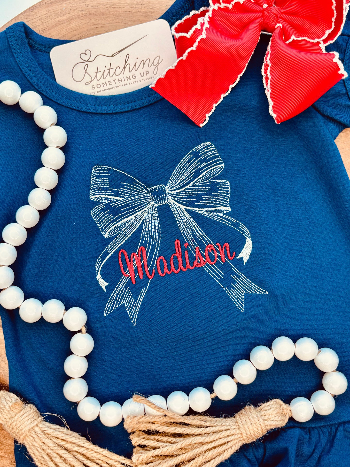 Girls Personalized Patriotic Bow Embroidered Shirt – Red, White & Blue 4th of July Top