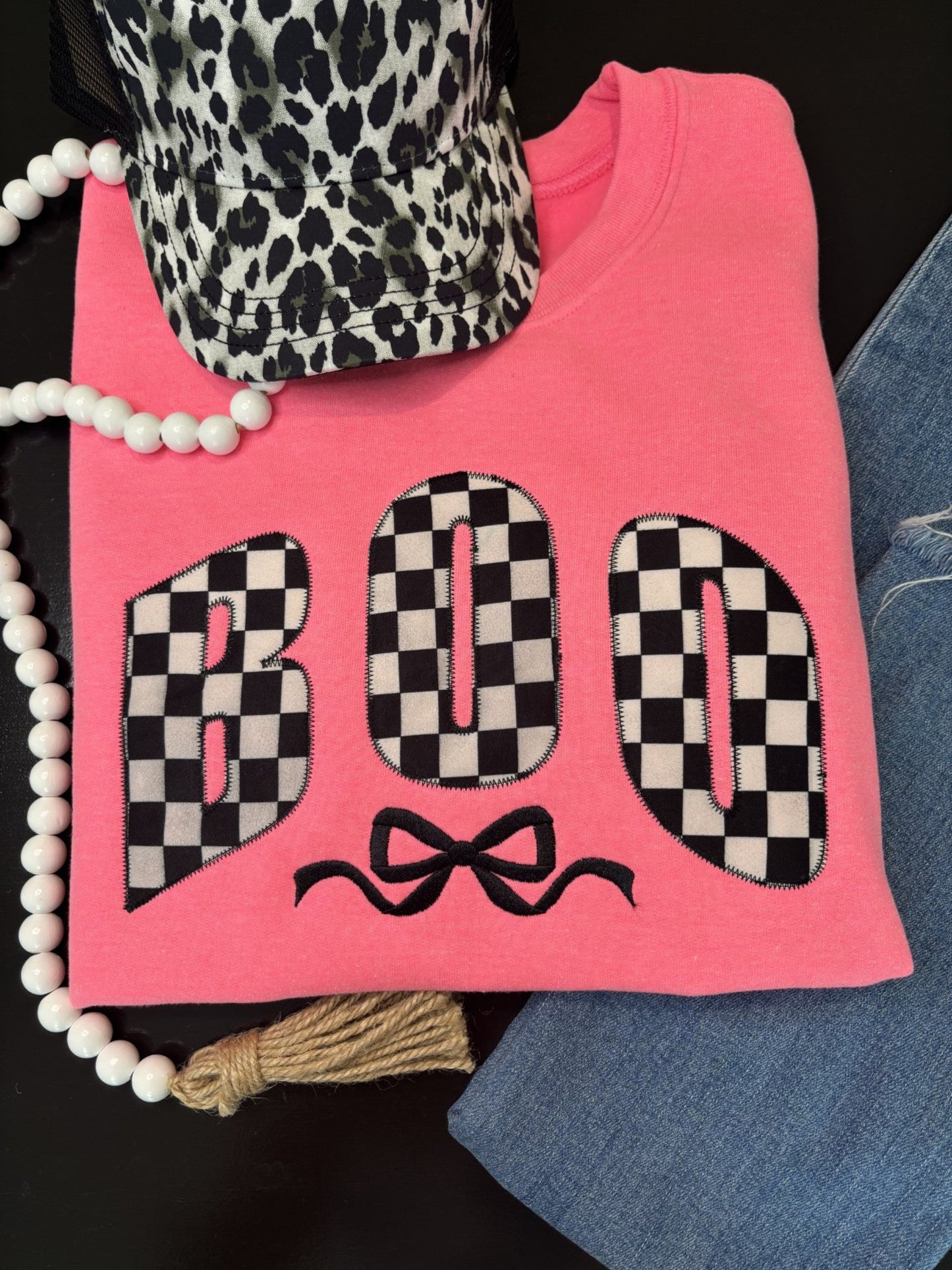 Neon Pink “BOO” Halloween Sweatshirt – Custom Applique