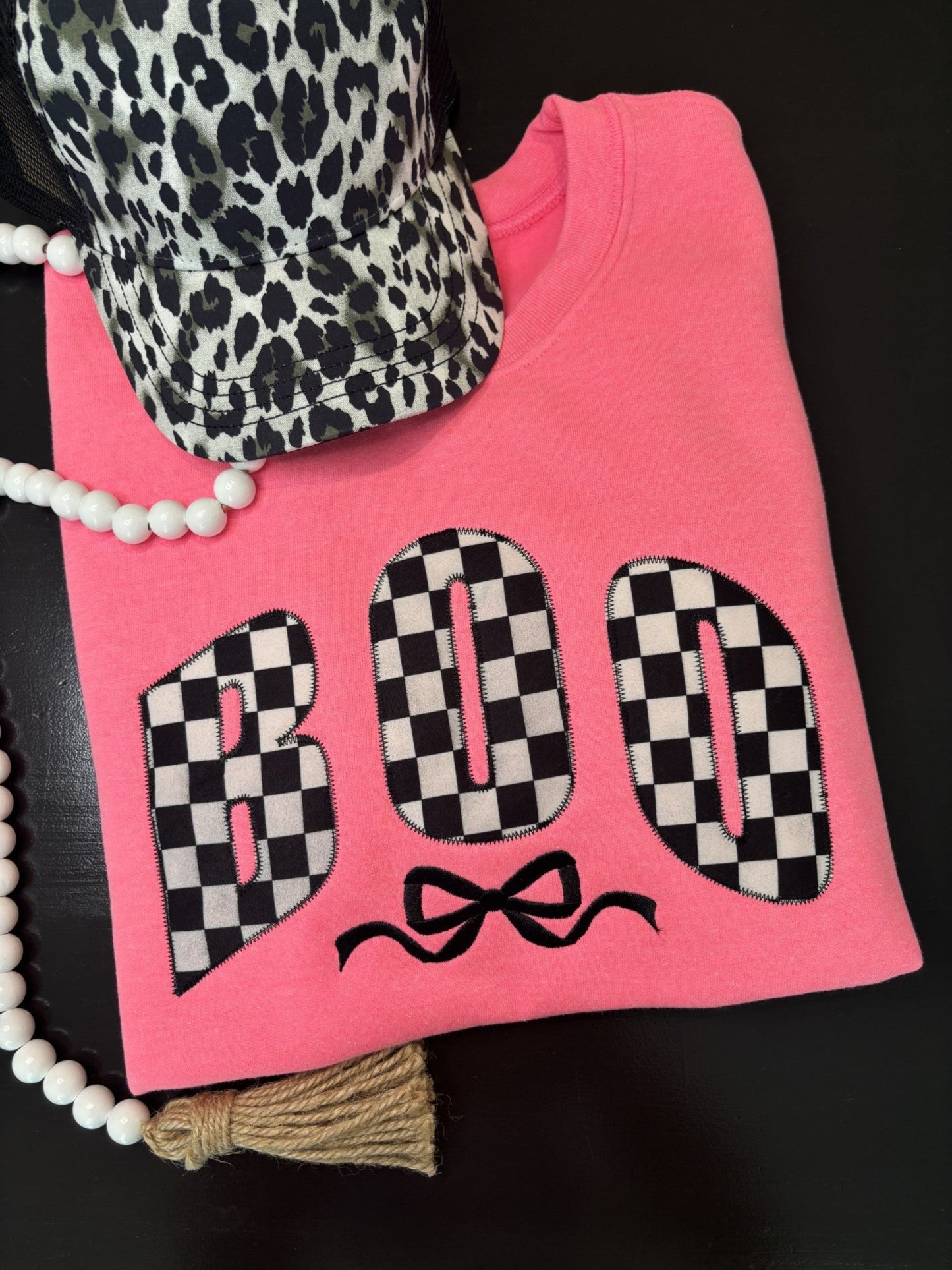 Neon Pink “BOO” Halloween Sweatshirt – Custom Applique