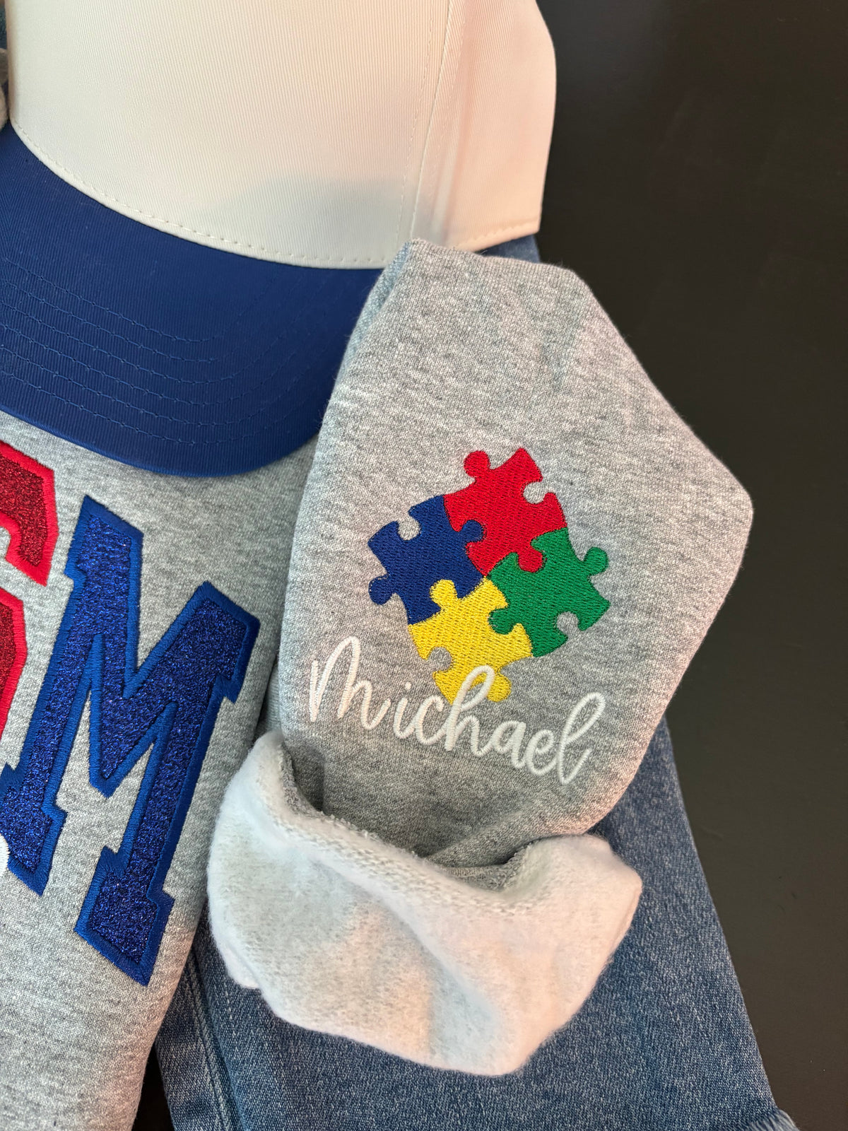 Autism Mom Applique Crewneck Sweatshirt – Proud, Strong, Loved