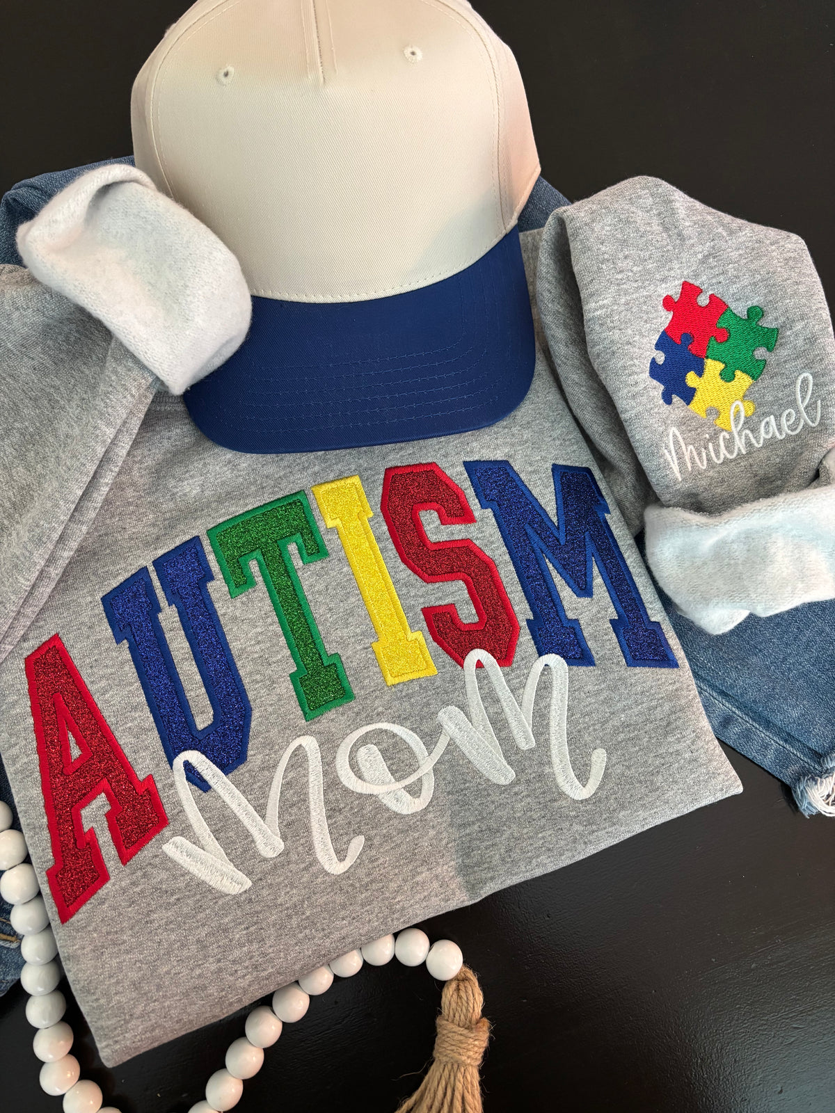 Autism Mom Applique Crewneck Sweatshirt – Proud, Strong, Loved