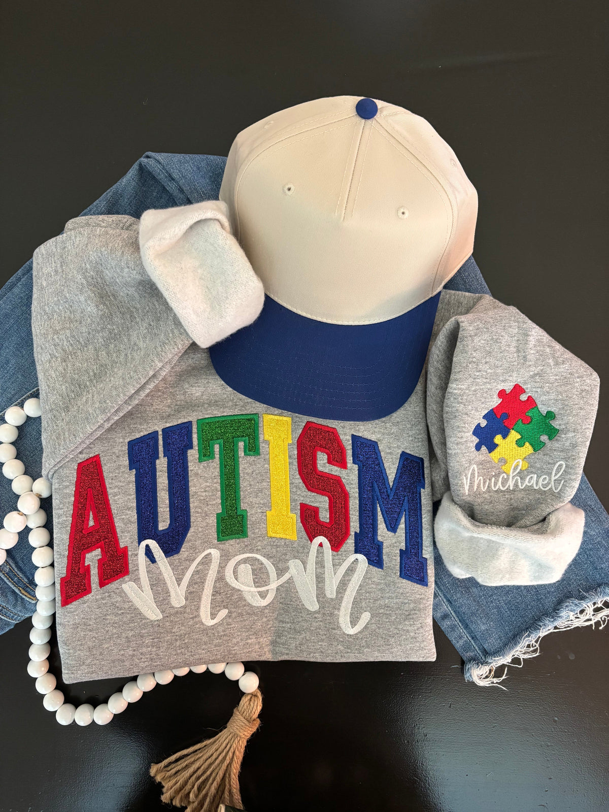 Autism Mom Applique Crewneck Sweatshirt – Proud, Strong, Loved
