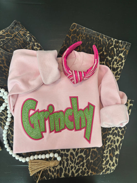 "Grinchy" Glitter Appliqué Sweatshirt – Pink Christmas Edition