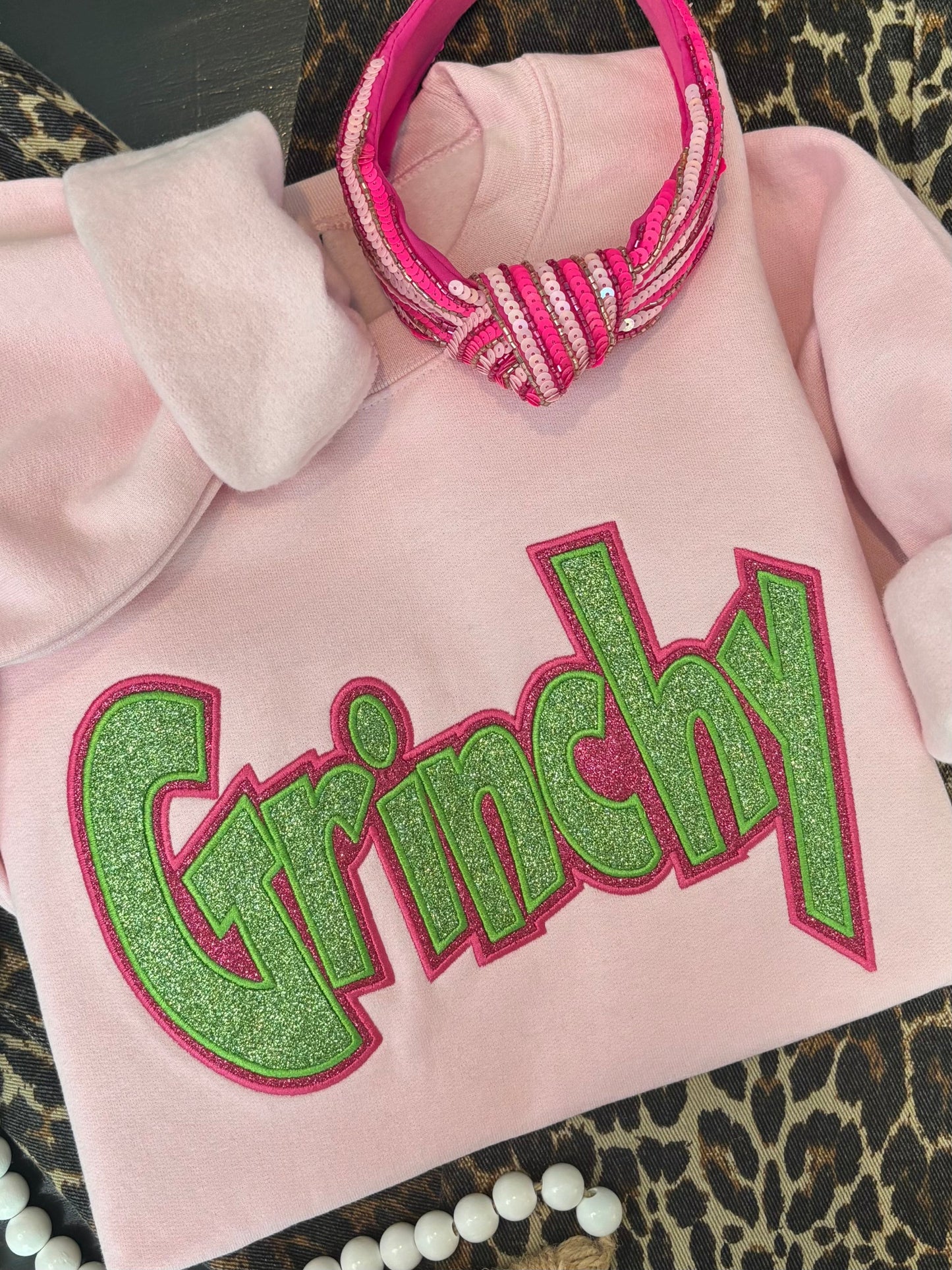 "Grinchy" Glitter Appliqué Sweatshirt – Pink Christmas Edition