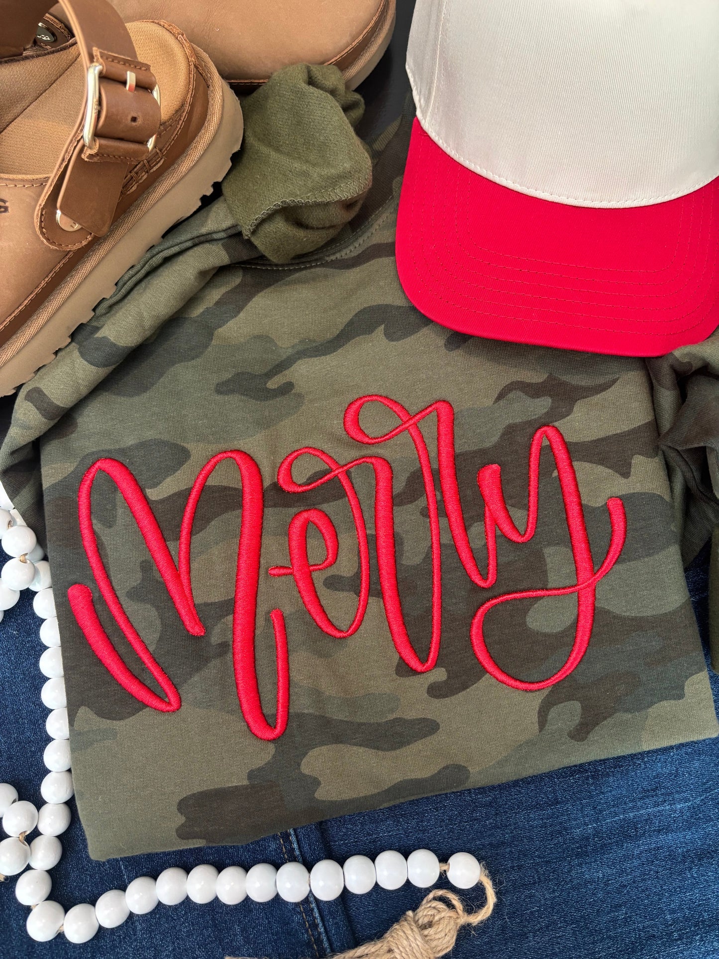 Camo “Merry” Sweatshirt – Red 3D Puff Embroidery (EXTREMELY Limited!)