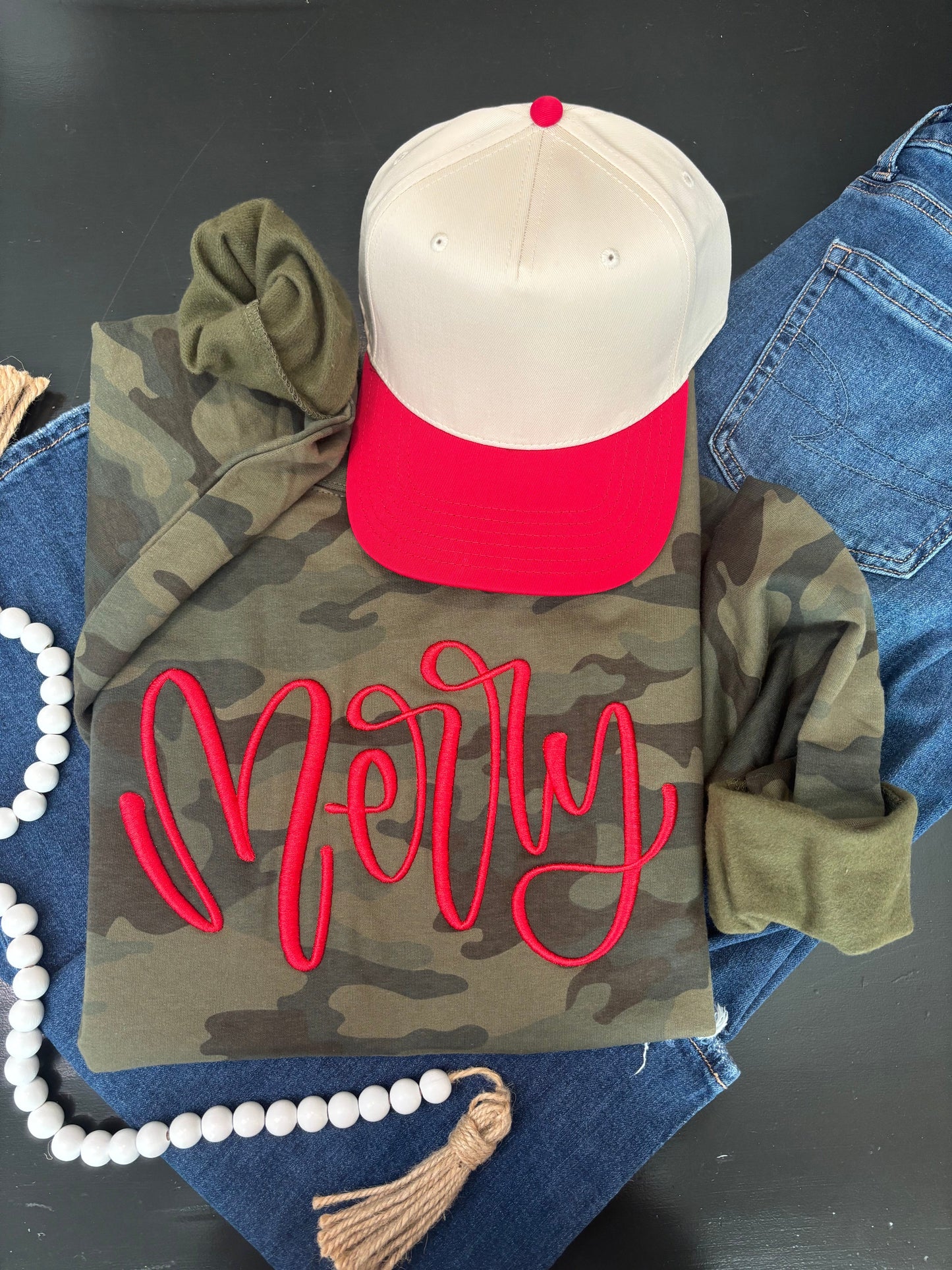 Camo “Merry” Sweatshirt – Red 3D Puff Embroidery (EXTREMELY Limited!)