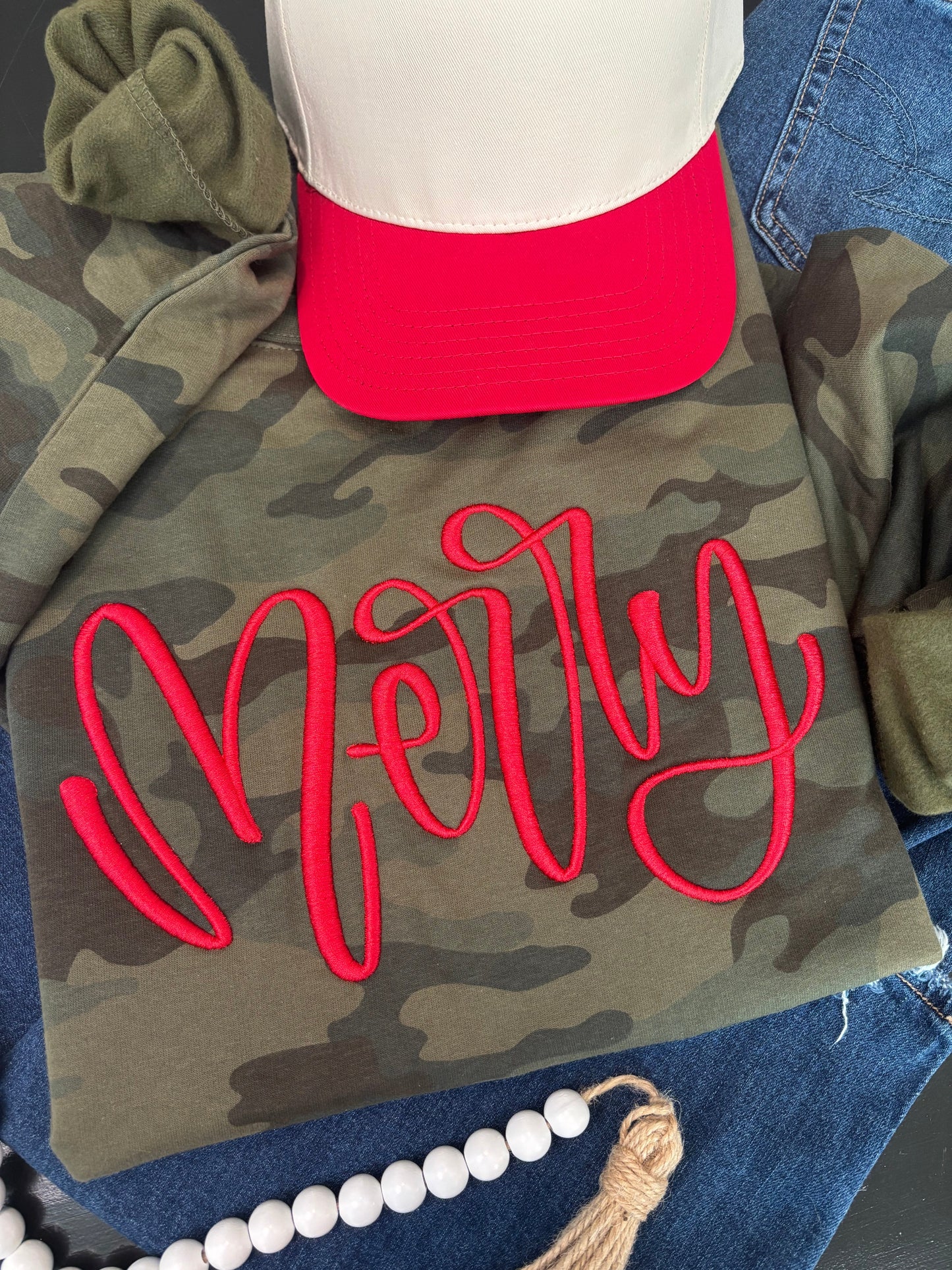 Camo “Merry” Sweatshirt – Red 3D Puff Embroidery (EXTREMELY Limited!)