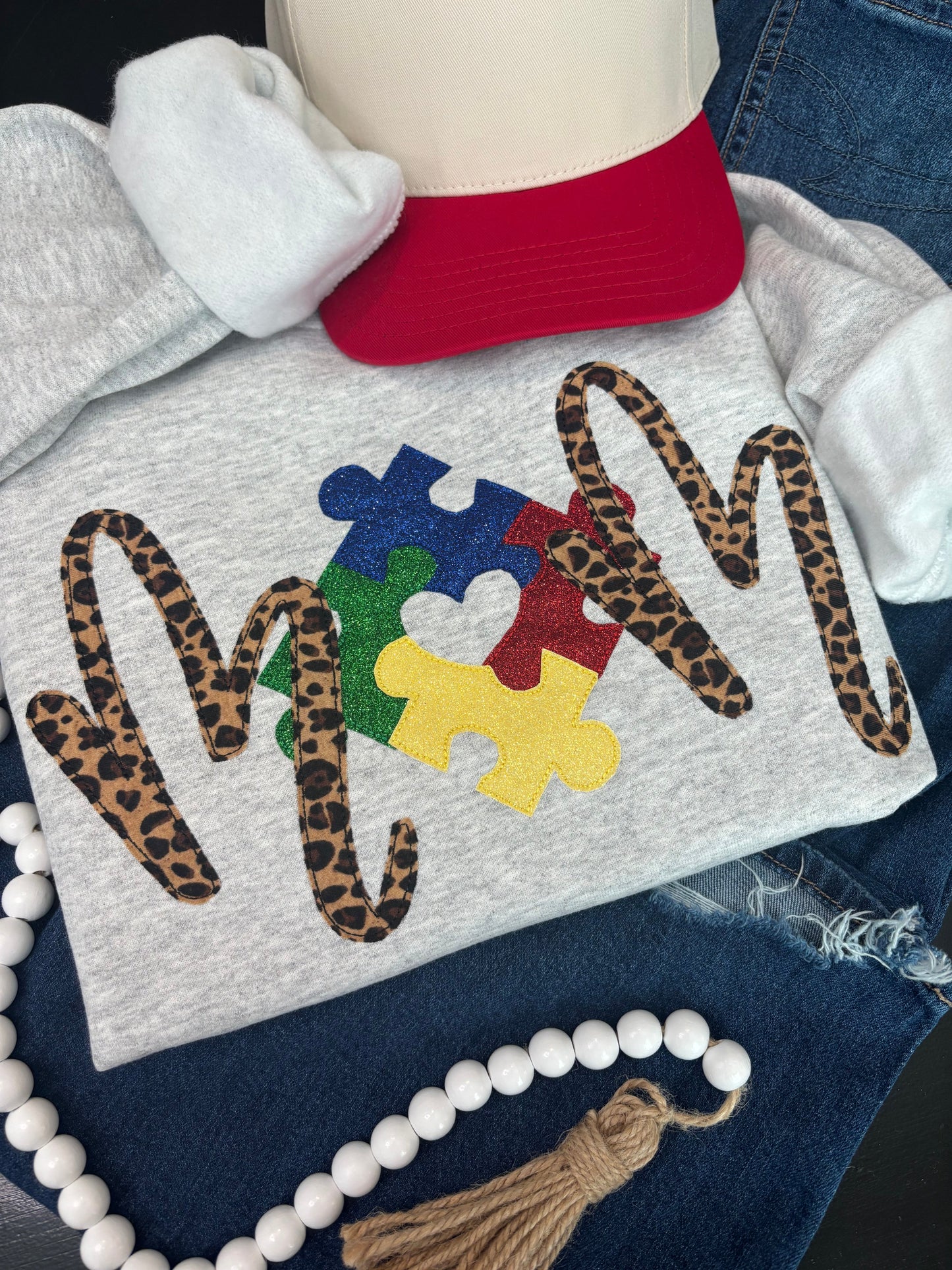 Autism Mom Bean Stitch Appliqué Sweatshirt – Proud, Strong, Loved