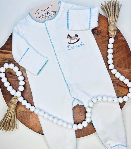 Personalized Coming Home Outfit - Baby Boy Rocking Horse