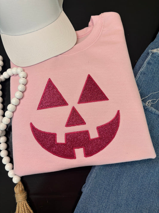 Pink Jack O'Lantern Sweatshirt - Glitter Applique